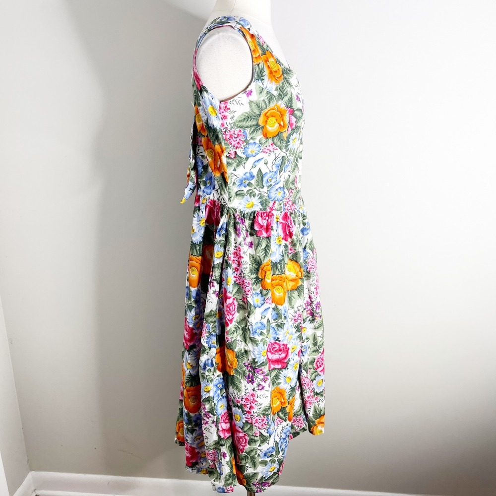 Vintage Floral Button Front Midi Dress Sleeveless Bow Back Cottagecore Summer - Picture 3 of 5